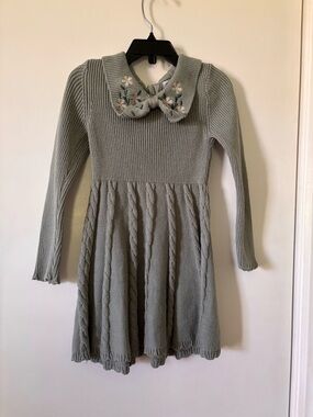 Embroidered Collar Sage Green Knit Dress for Kids